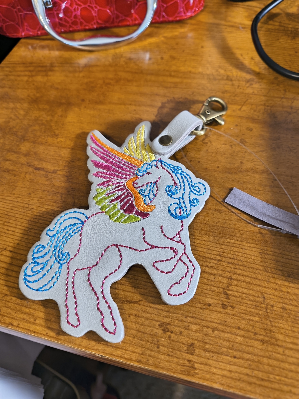 Portland Leather White Unicorn Keychain with Multicolor Embroidery
